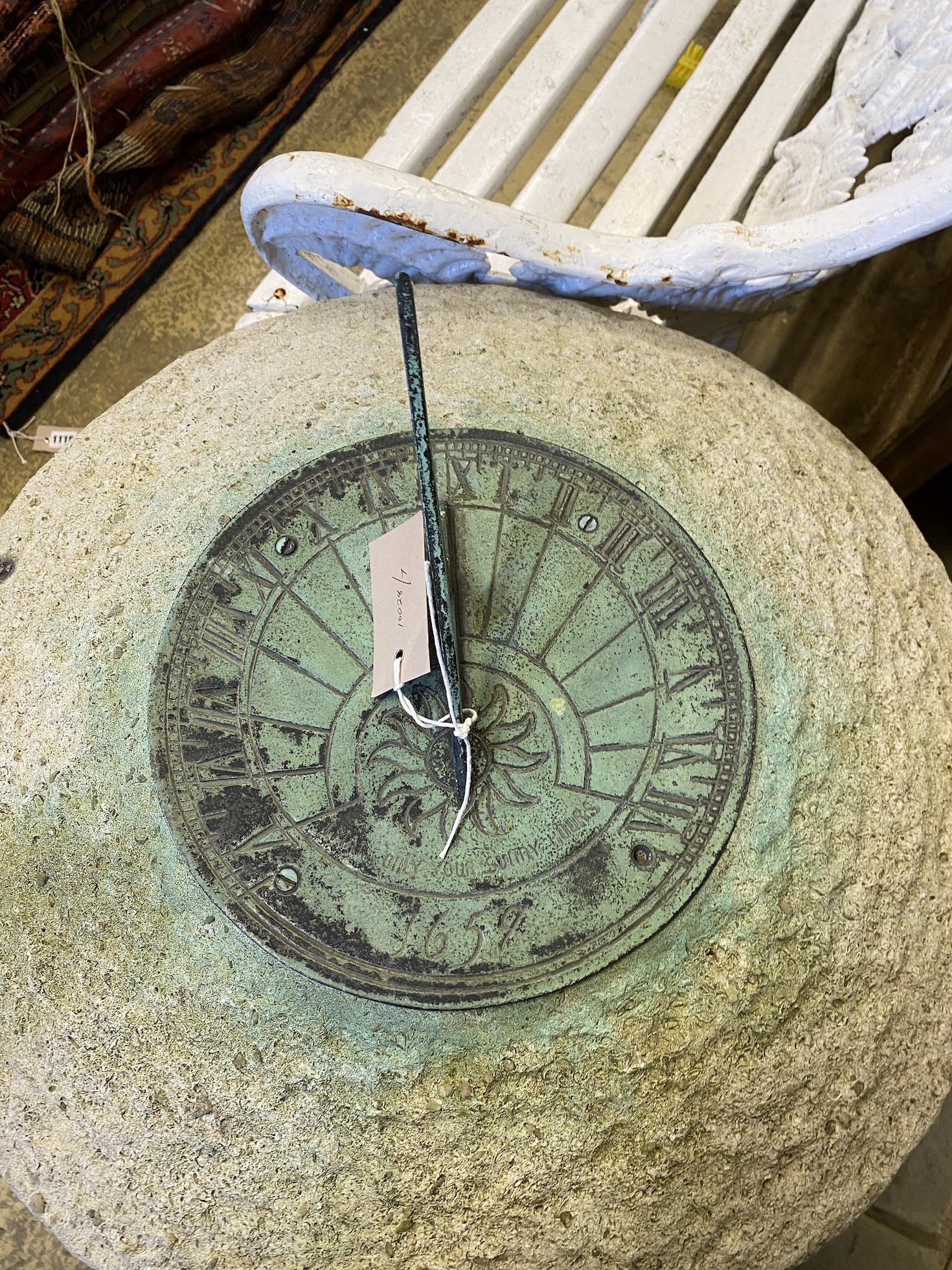 A reconstituted staddle stone with sundial top, height 82cm